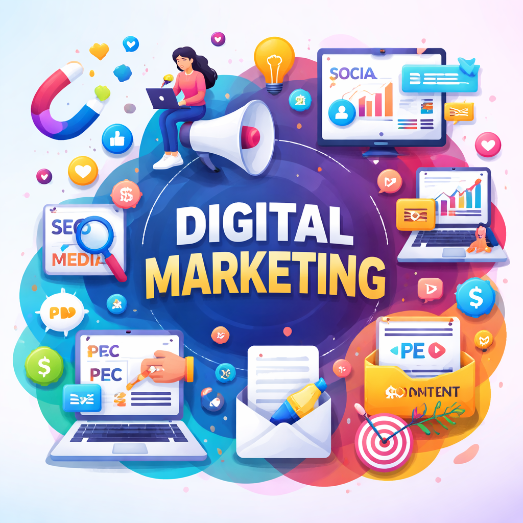 Digital Marketing guide infographic covering SEO, PPC, and social media strategies