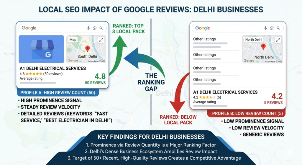 Google reviews comparison showing local SEO impact for Delhi businesses
