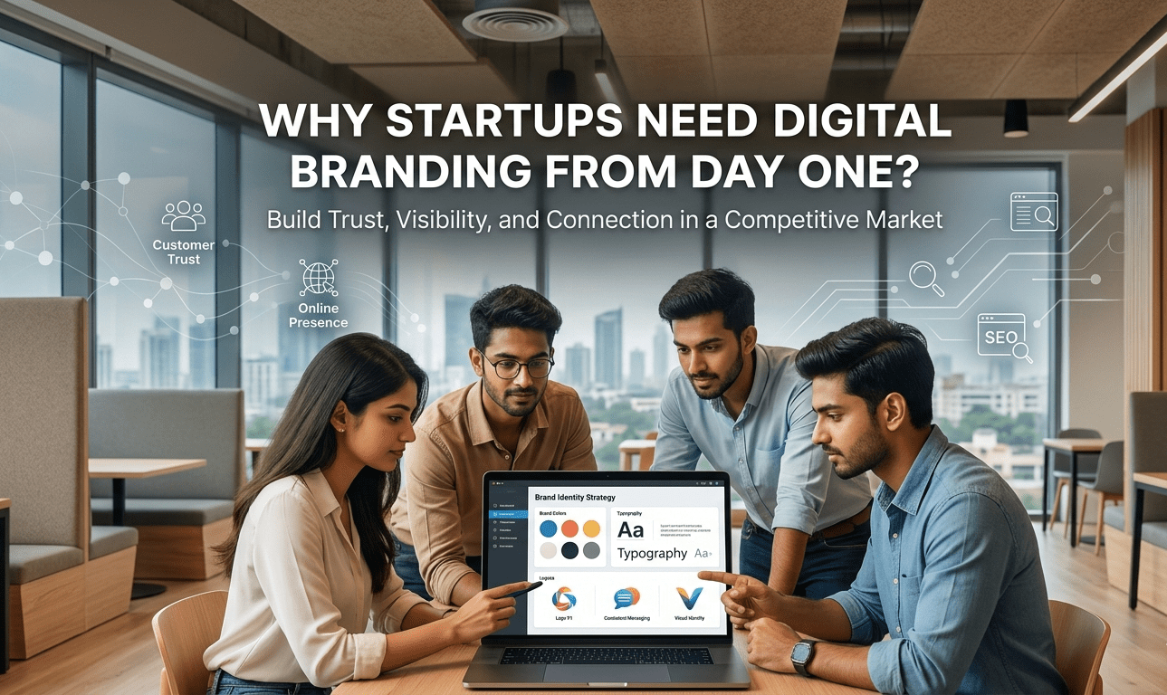 Startup team building digital brand identity strategy on laptop